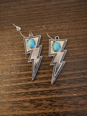 Silver Lightning Bolt Earrings with Turquoise Accent - Women Jewelry